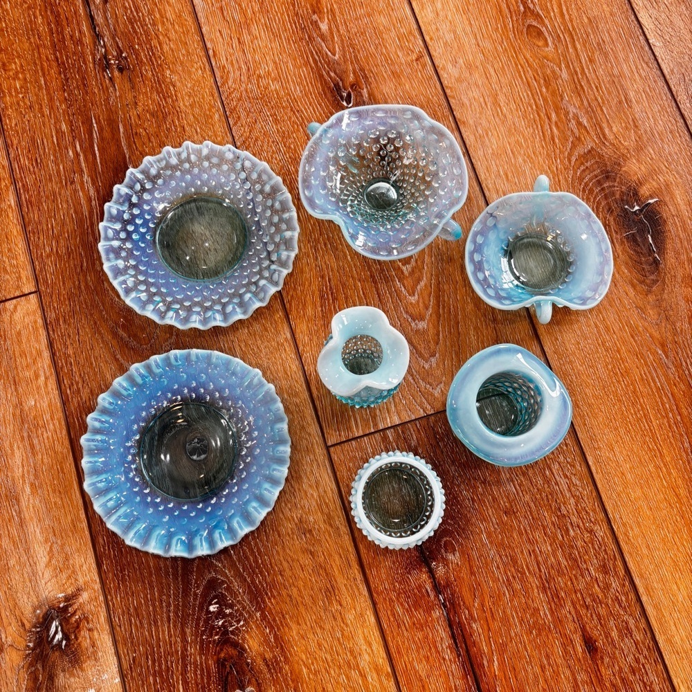 VTG Fenton Blue Opalescent Hobnail 7 pc lot Trinket Candy Dishes Votive Bud Vase - Picture 9 of 16